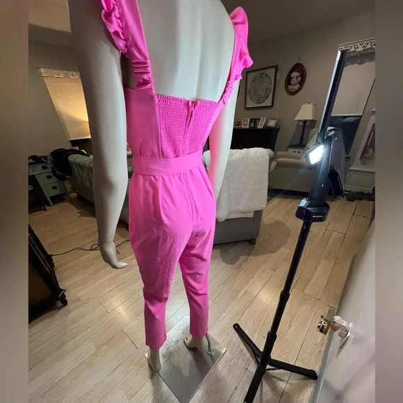 Lilly Pulitzer Women's Pink Ruffle-Shoulder Jumpsuit with Waist Tie - Picture 8 of 11